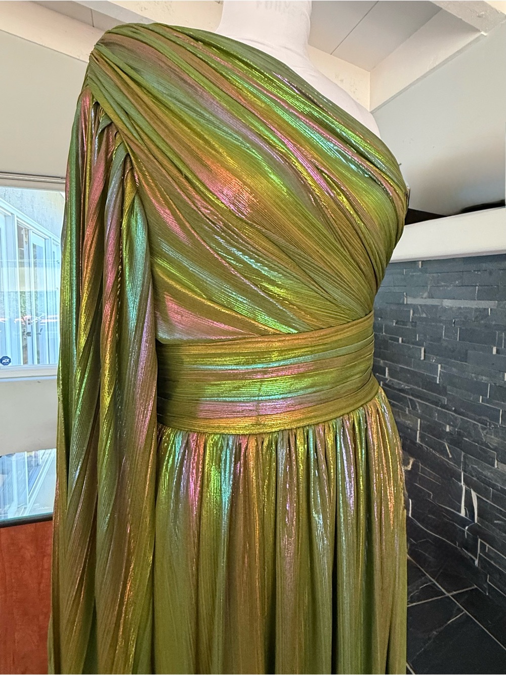 BRONX and BANCO One-Shoulder Metallic Pleated Green Multi Colored Evening Gown M - Picture 7 of 7